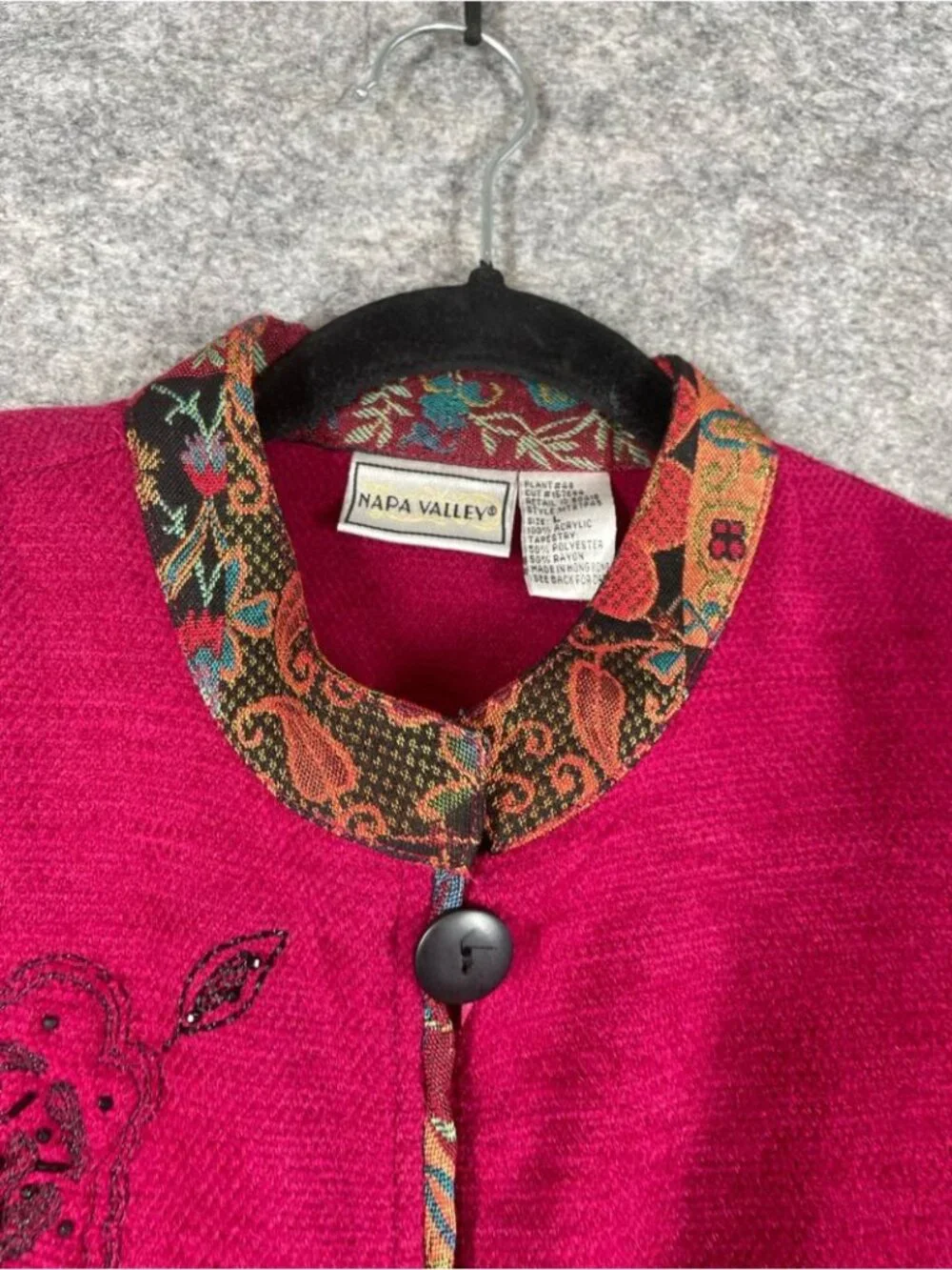 Vintage Napa Valley Embroidered Magenta Jacket Paisley Trim Large Boho Artsy